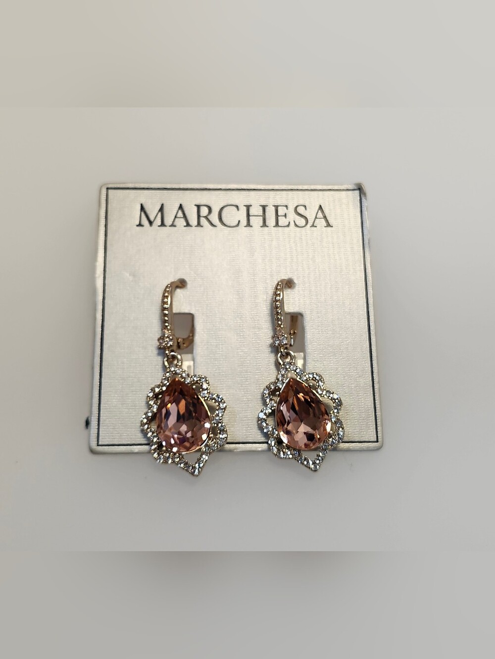 NWT Marchesa Gold-Tone Pink Pave/Pear Shape Crystal Drop Earrings